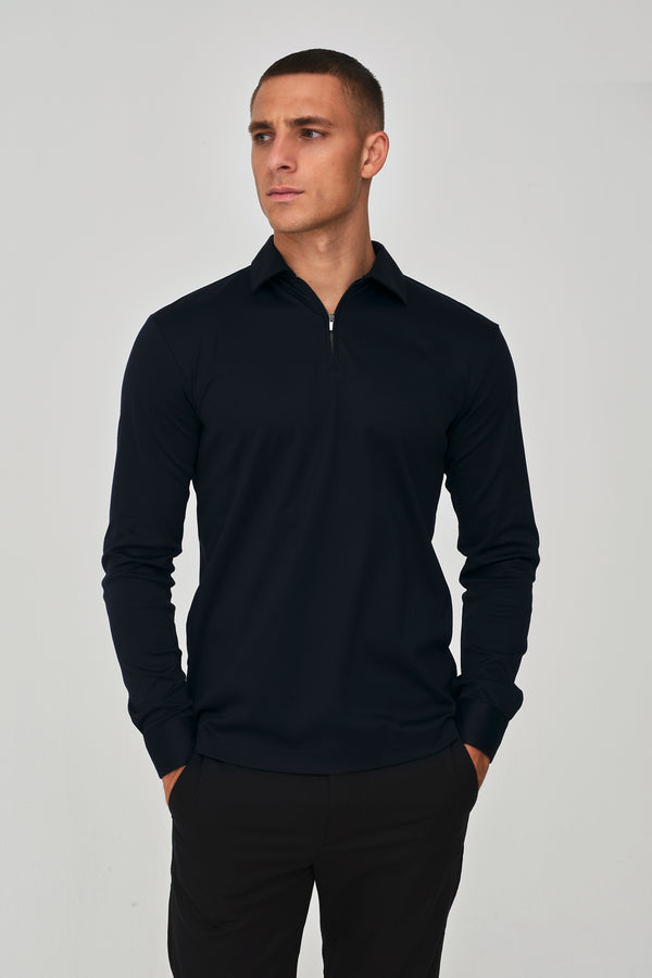 Supima Polo Zip Collar L/S | Navy