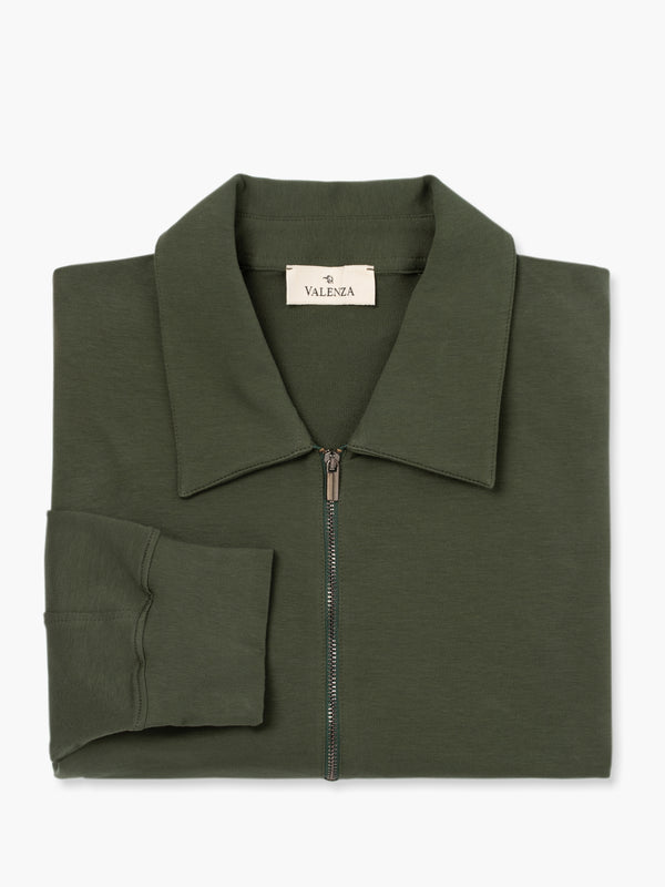 Stretch Cotton Polo Zip Sweater | Green