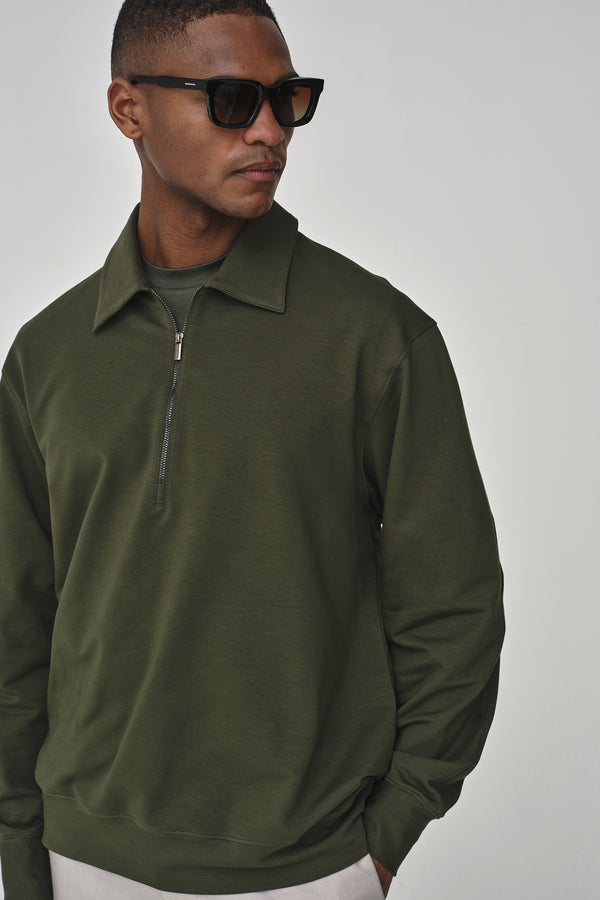 Stretch Cotton Polo Zip Sweater | Green