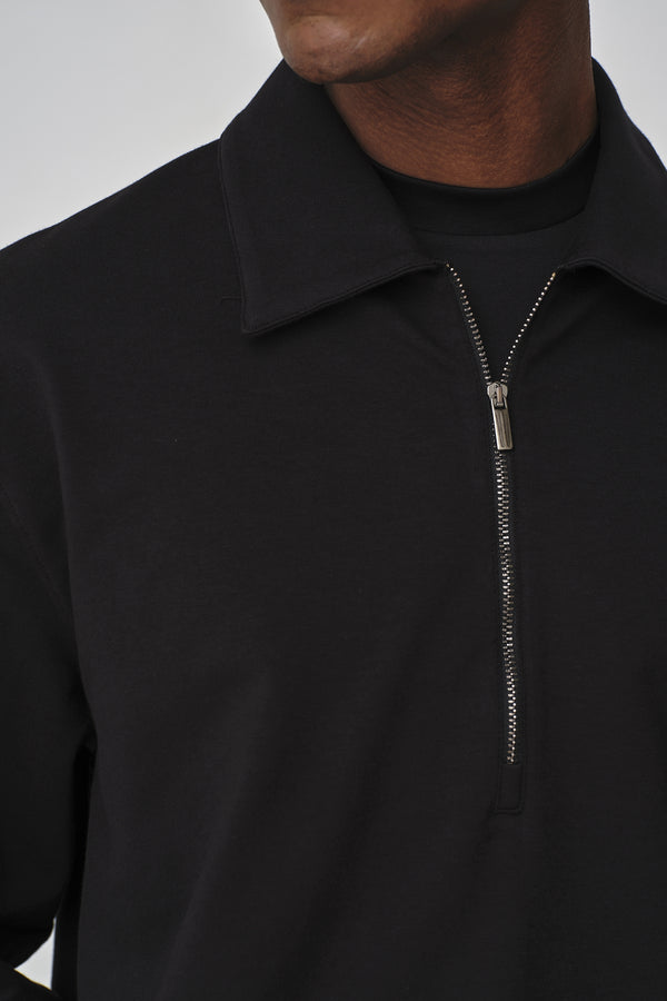 Stretch Cotton Polo Zip Sweater | Black