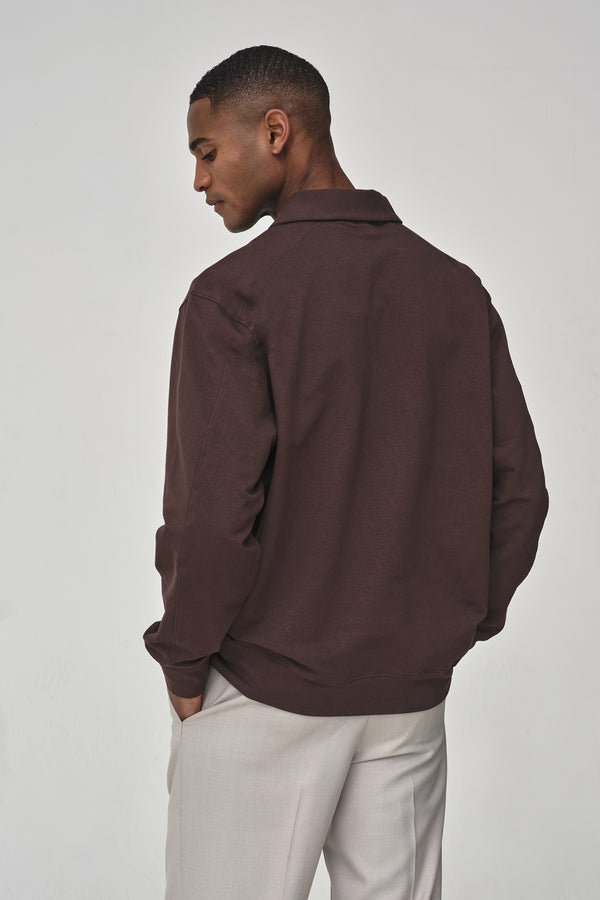 Stretch Cotton Polo Zip Sweater | Ebony Brown