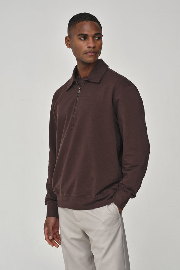 Stretch Cotton Polo Zip Sweater | Ebony Brown