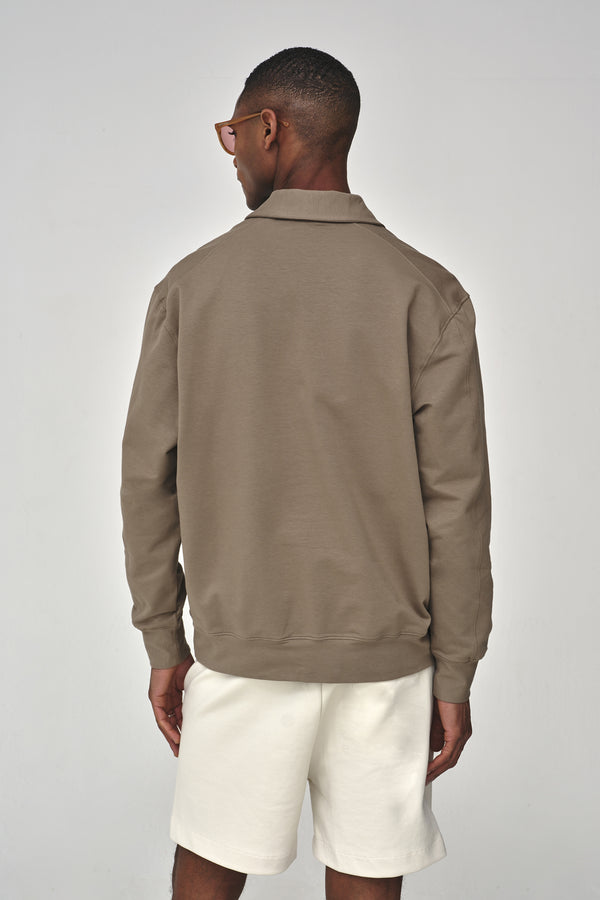 Stretch Cotton Polo Zip Sweater | Lead Grey