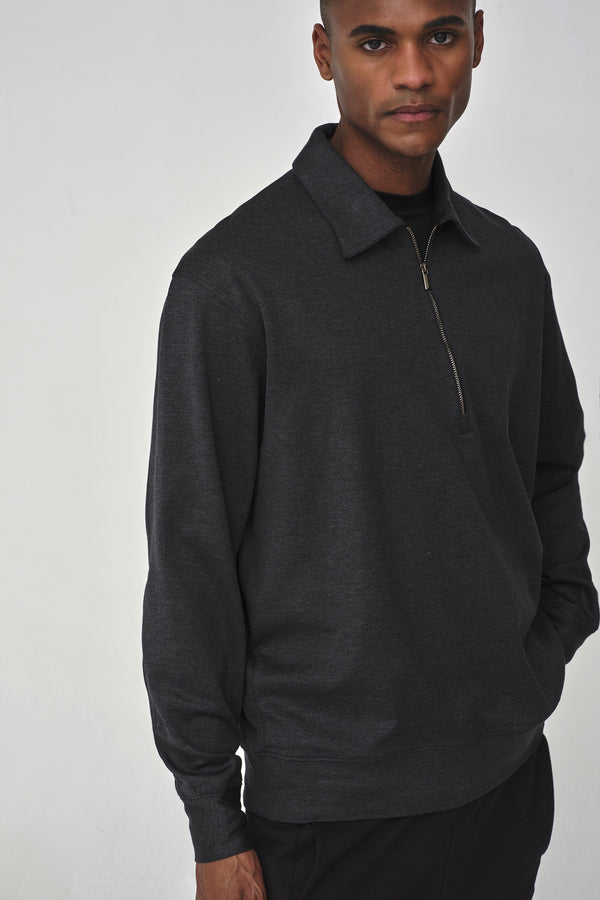 Polo-Pullover Oversize mit Reißverschluss aus Seidenmischung | Grau